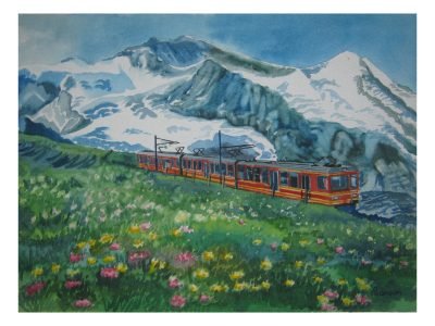 3. Red Train in Switzerland (water colour)